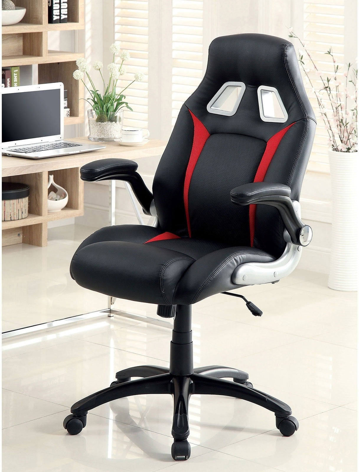 Stylish Office Chair Upholstered 1pc Comfort Adjustable Chair Relax Gaming Office Chair Work Black And Red Color Padded Armrests