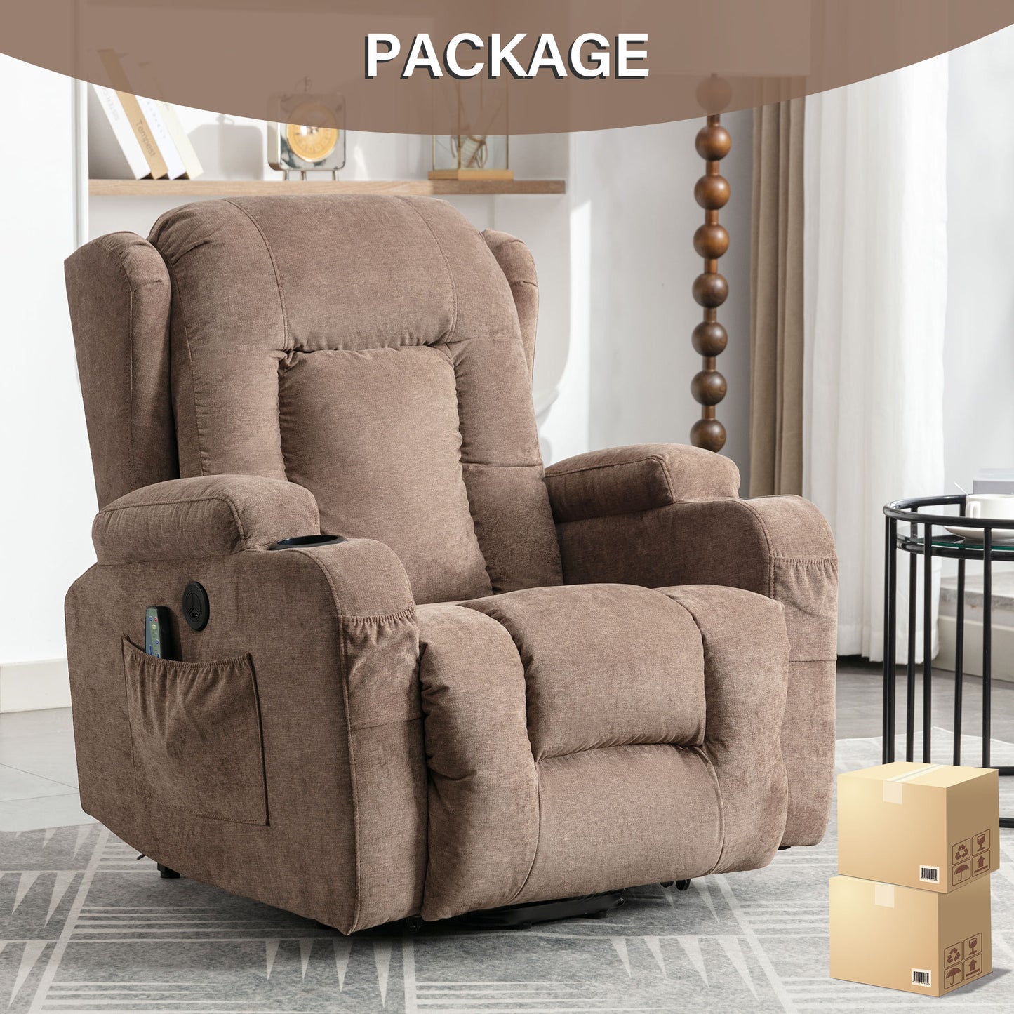 Electric Power Lift Recliner Chair with Heat and Massage for Seniors - Brown