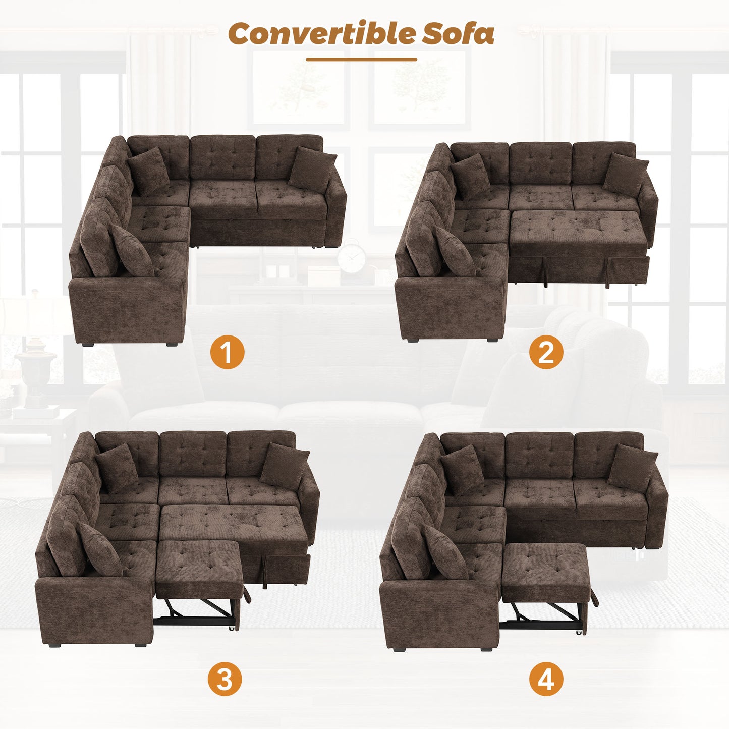 Convertible L-Shape Sleeper Sofa with USB Ports and Power Sockets, Brown