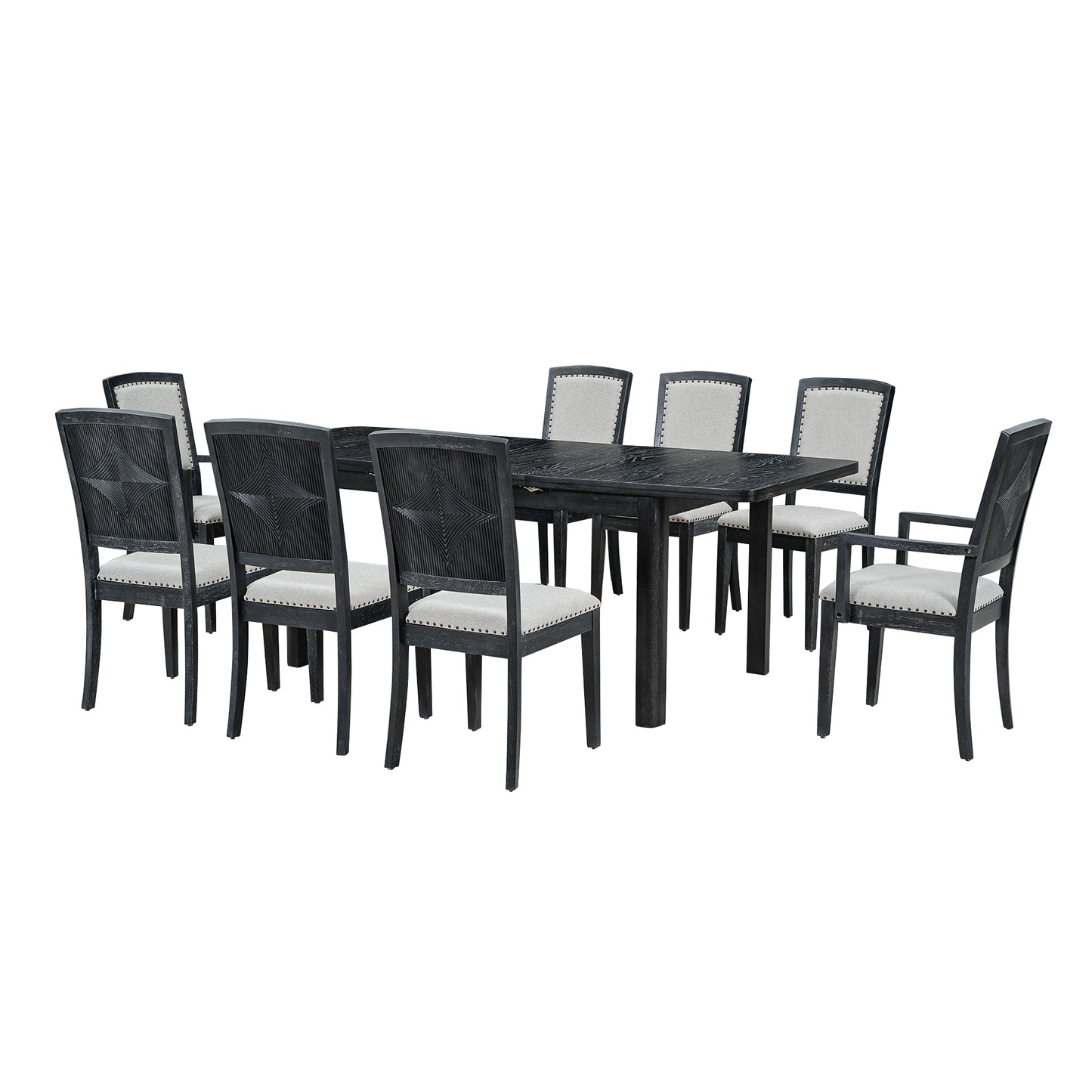 Rustic Extendable 84inch Dining Table Set with 24inch Removable Leaf , 6 Upholstered Armless Dining Chairs and 2 Padded Arm Chairs, 9 Pieces, Black