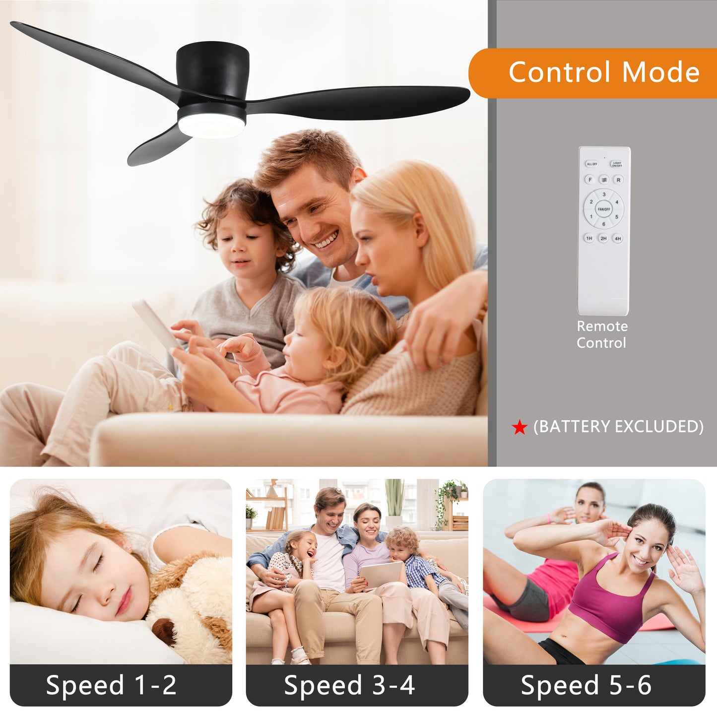 42 Matte Black Ceiling Fan with Adjustable LED Light and Remote Control