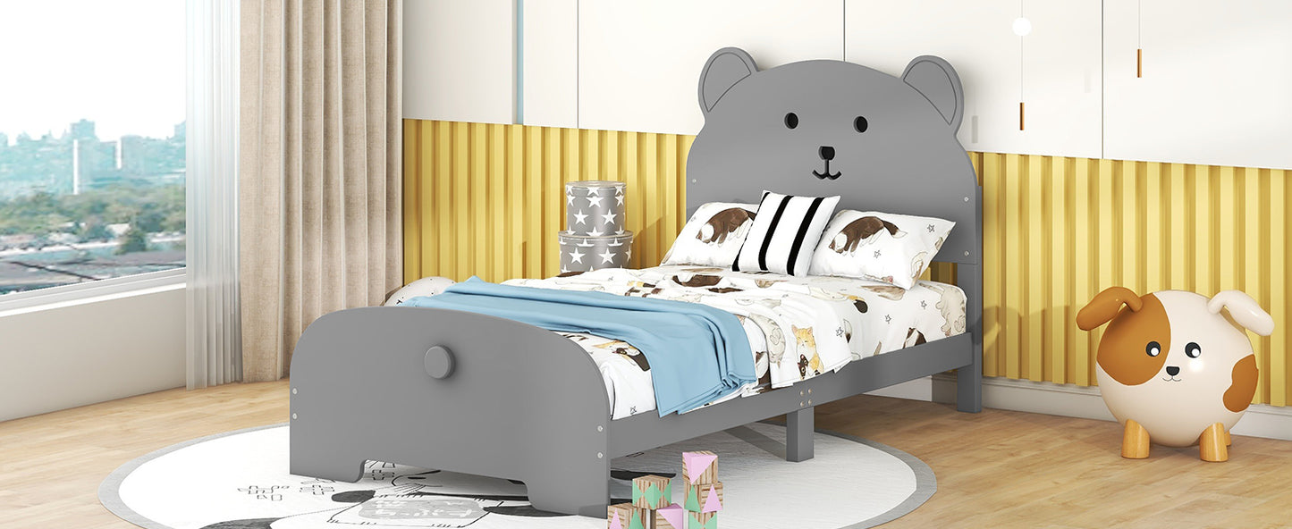 Twin Size Wood Platform Bed with Bear-shaped Headboard and Footboard,Gray