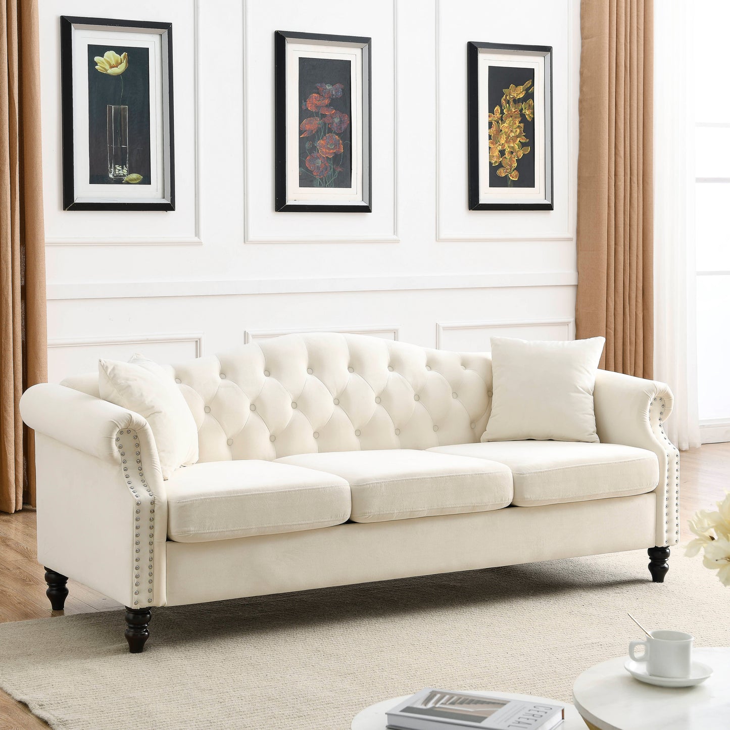 [Video] 79" Chesterfield Sofa Beige Velvet for Living Room, 3 Seater Sofa Tufted Couch with Rolled Arms and Nailhead for Living Room, Bedroom, Office, Apartment, two pillows