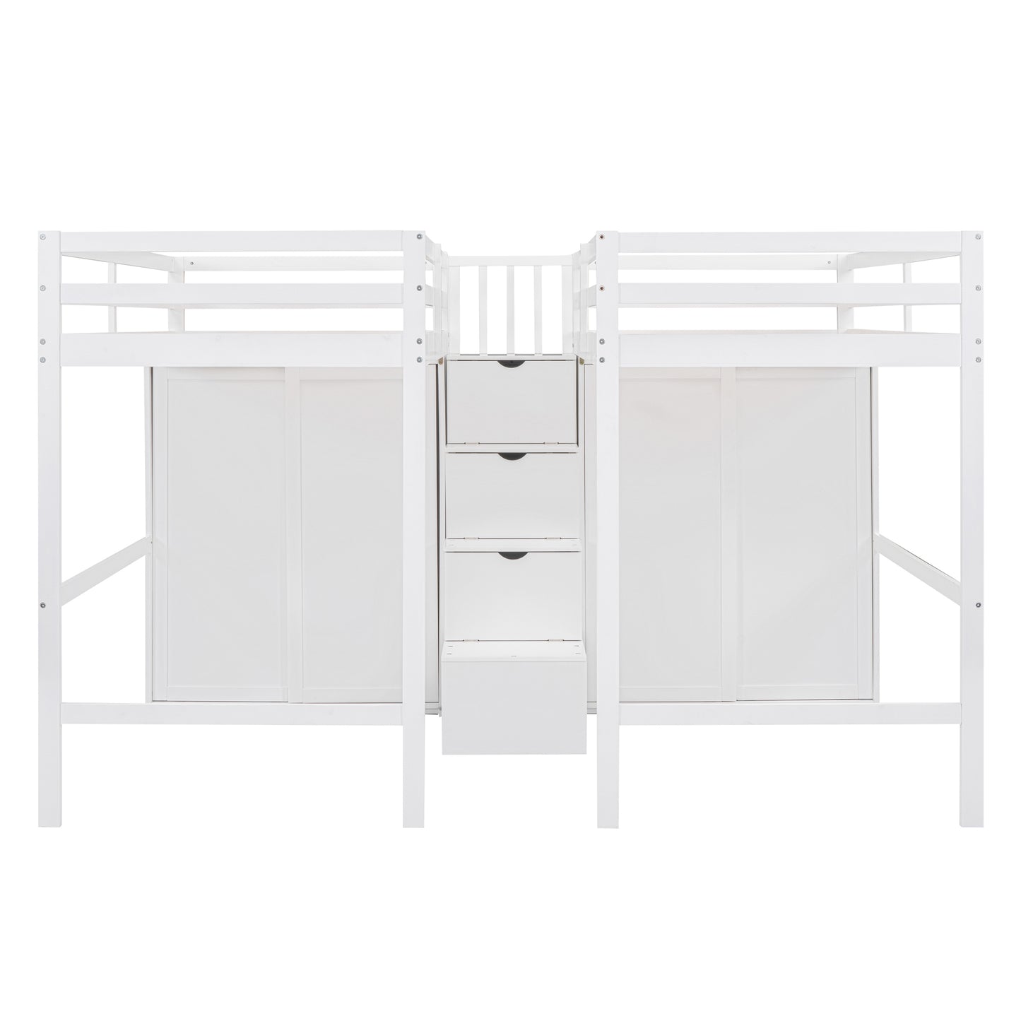 Double Twin Loft Beds with Wardrobes and Staircase, White