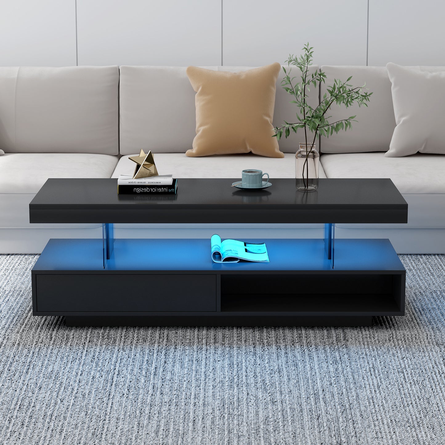 Modern Black LED Coffee Table with Storage and Display Shelves