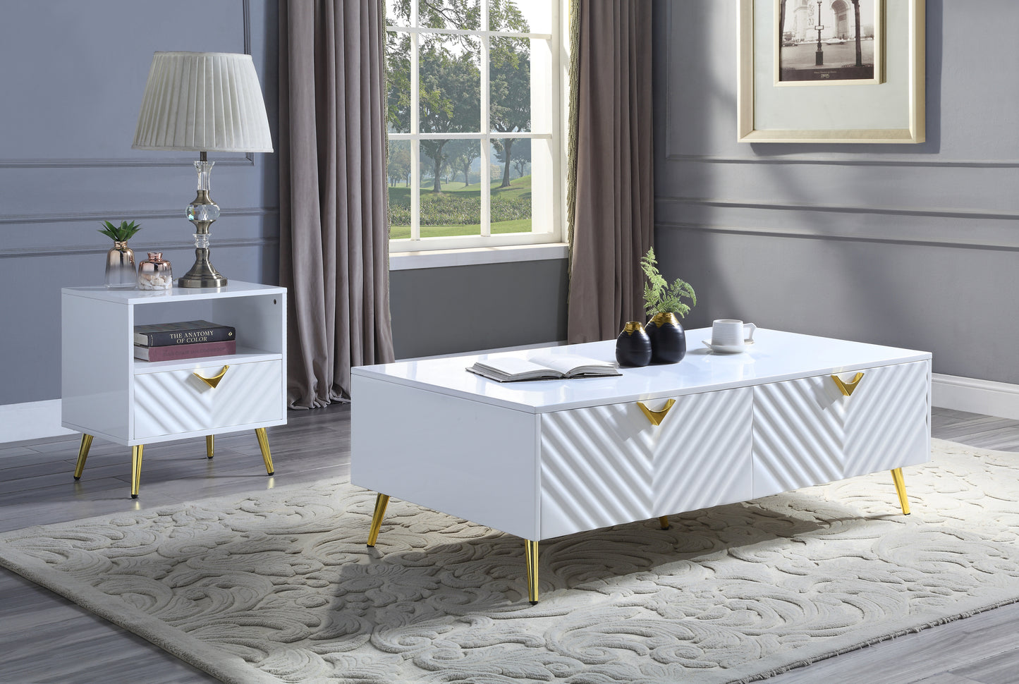 Gaines White High Gloss Coffee Table with Gold Accents