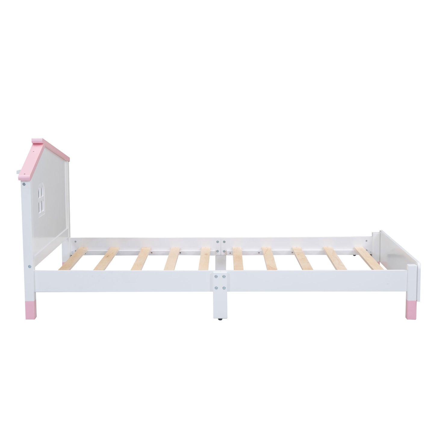 Twin Size Wood Platform Bed with House-shaped Headboard  (White+Pink)