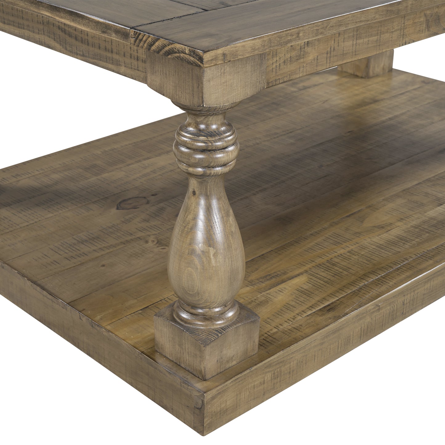 Rustic Pine Wood Coffee Table with Baluster Column Posts and Lower Storage Shelf