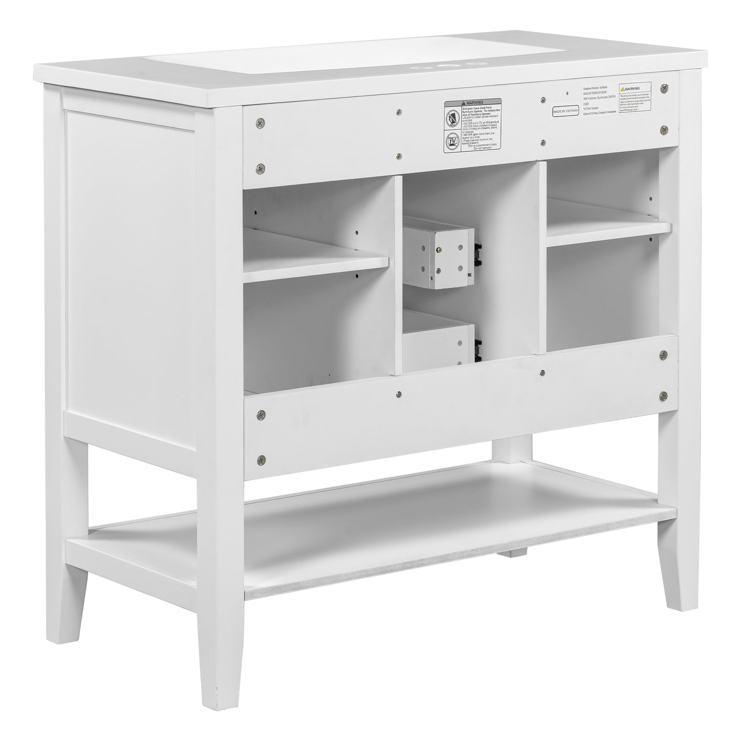 36" Bathroom Vanity with Ceramic Basin, Two Cabinets and Drawers, Open Shelf, Solid Wood Frame, White