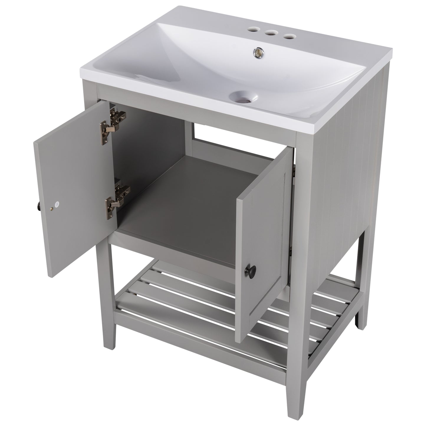 24" Grey Modern Sleek Bathroom Vanity Elegant Ceramic Sink with Solid Wood Frame Open Style Shelf