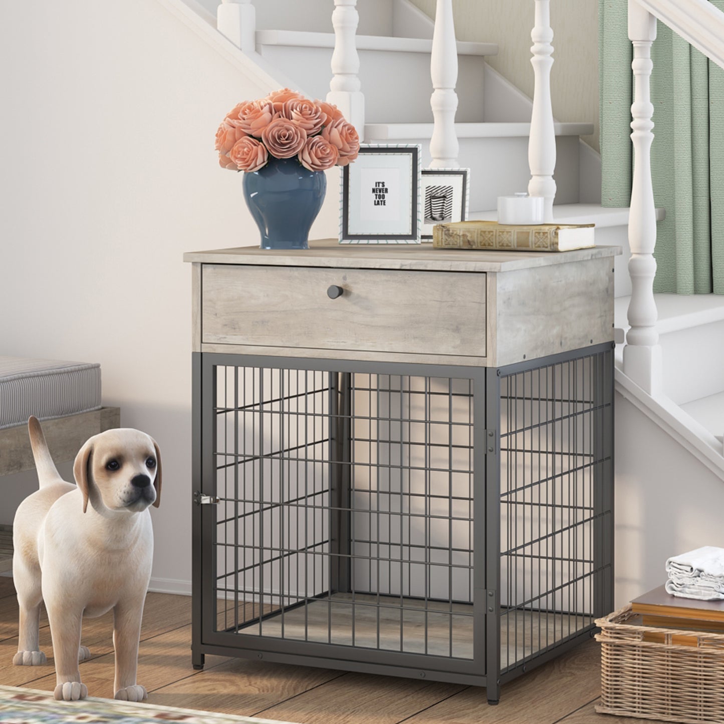 Furniture Style Wood Dog Crate End Table with Storage Console. Grey, 19.69'' W x 22.83'' D x 26.97'' H.