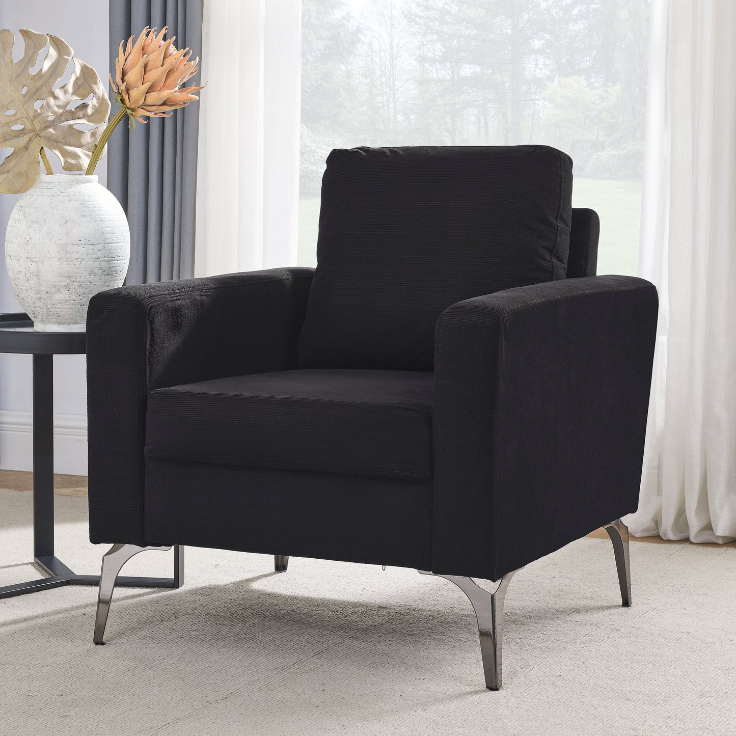 3-Piece Corduroy Black Living Room Sofa Set with Loveseat and Chair