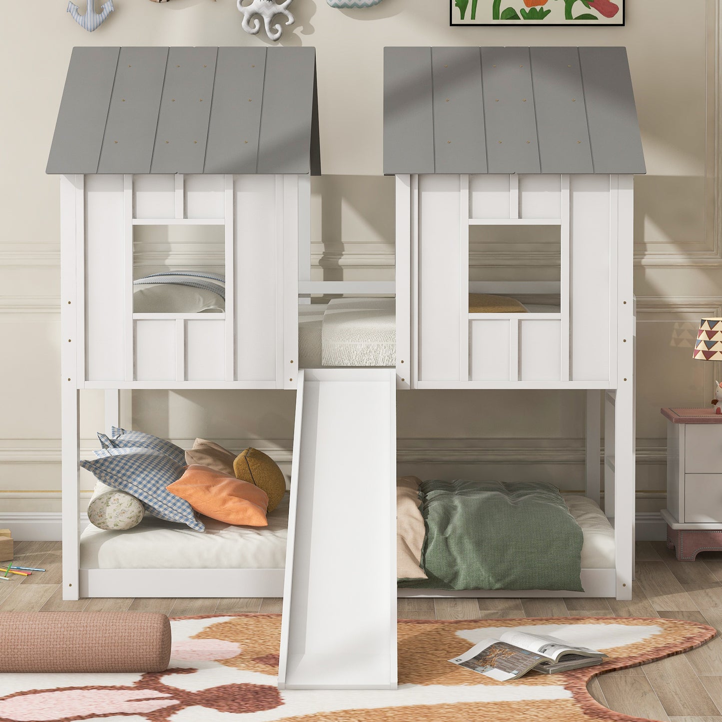 Twin House Bunk Bed with Slide and Windows for Kids, White