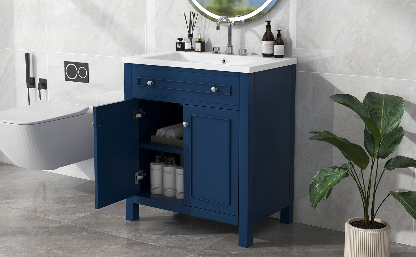 30" Bathroom Vanity Cabinet with Sink Top, Bathroom Storage Cabinet with Two Doors and Adjustable Shelf, Blue