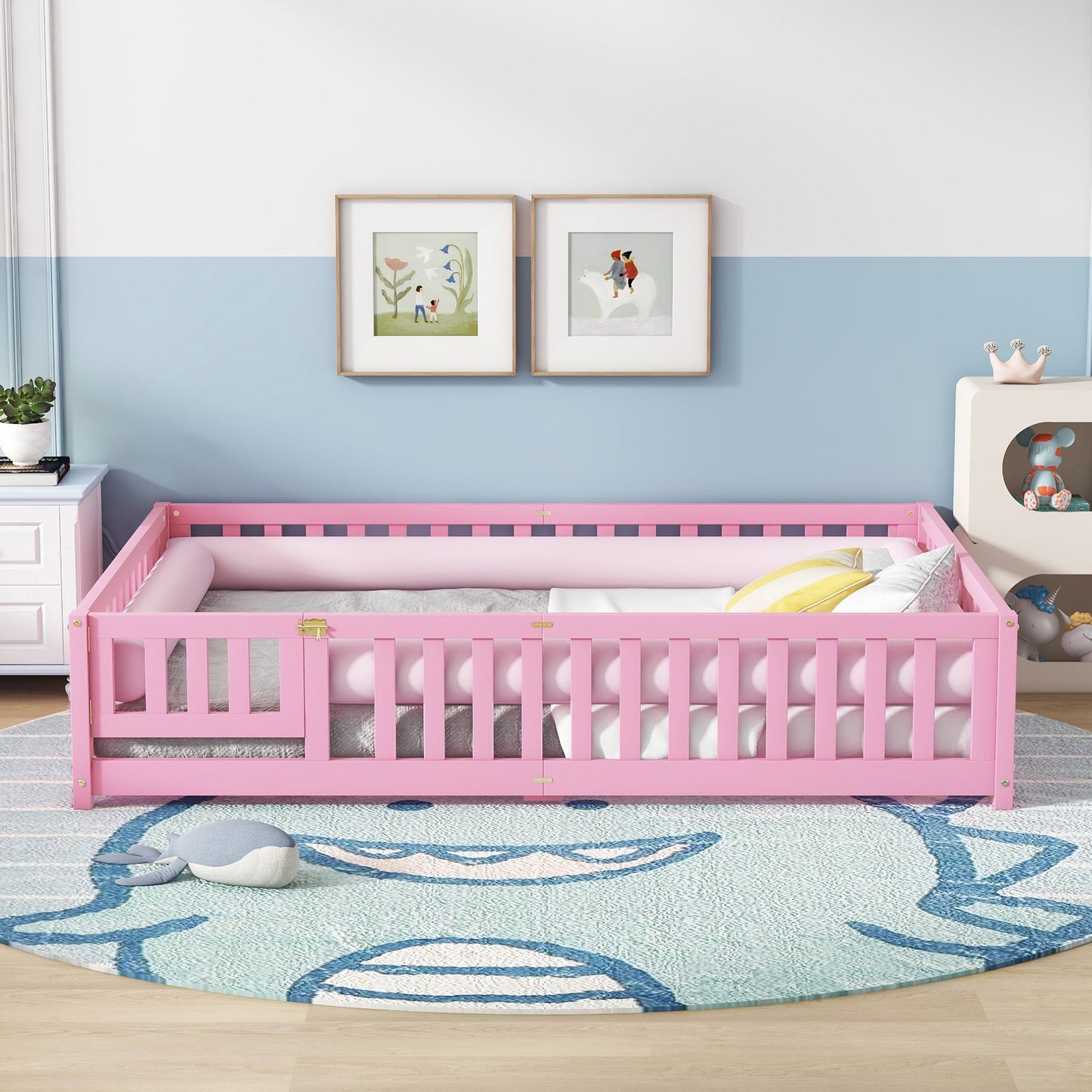 Queen Size Bed Floor Bed with Safety Guardrails and Door for Kids, Pink