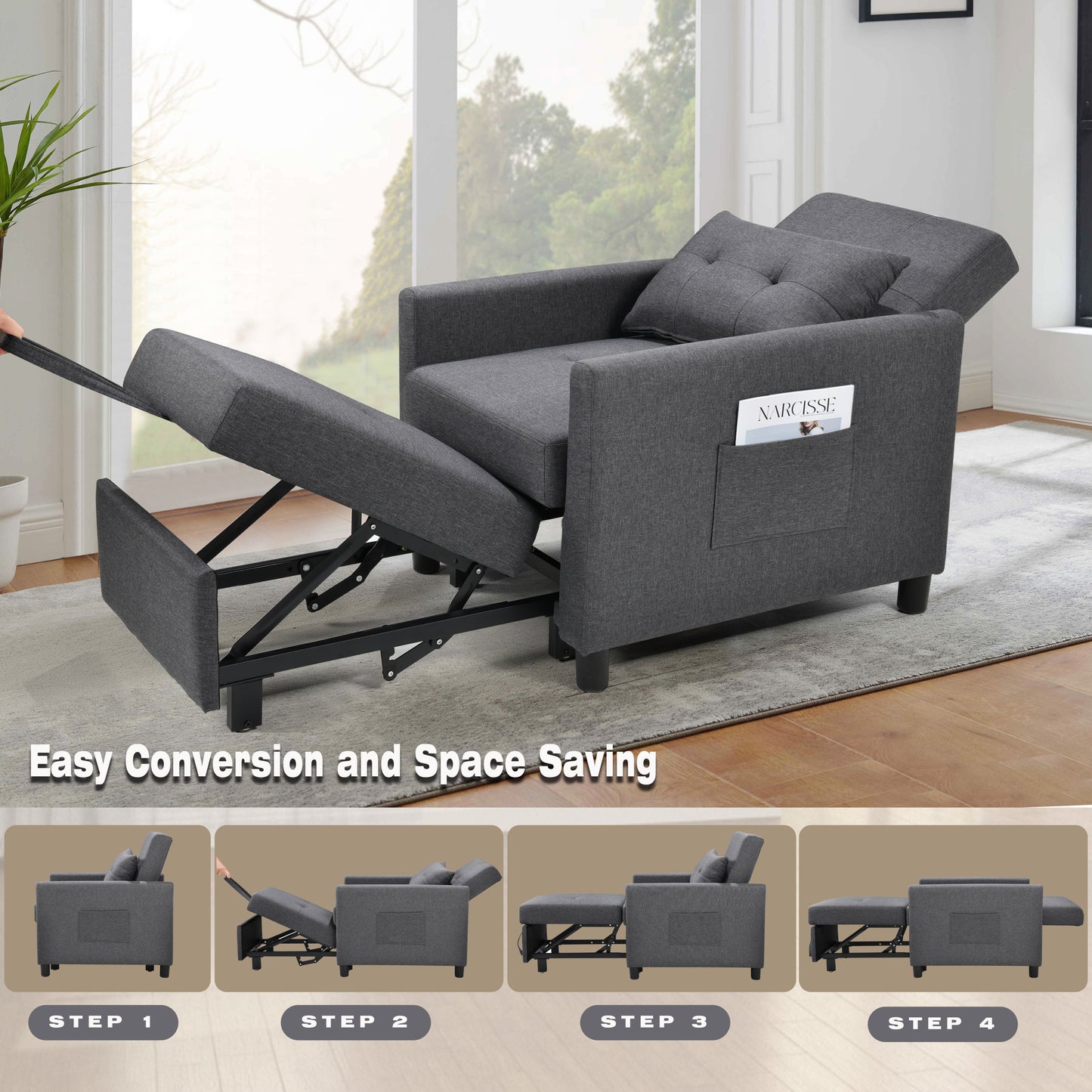 Single Sofa Bed with Pullout Sleeper, Convertible Folding Futon Chair, Lounge Chair Set with 1pc Lumbar pillow, Drak Gray color fabric