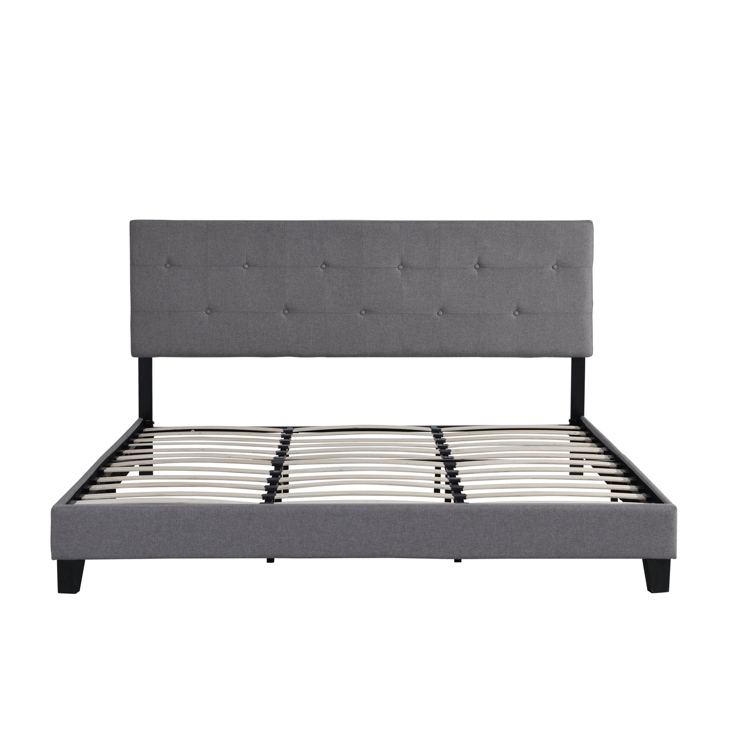 King Size Upholstered Platform Bed Frame with Button Tufted Linen Fabric Headboard, No Box Spring Needed, Wood Slat Support, Easy Assembly,  Gray