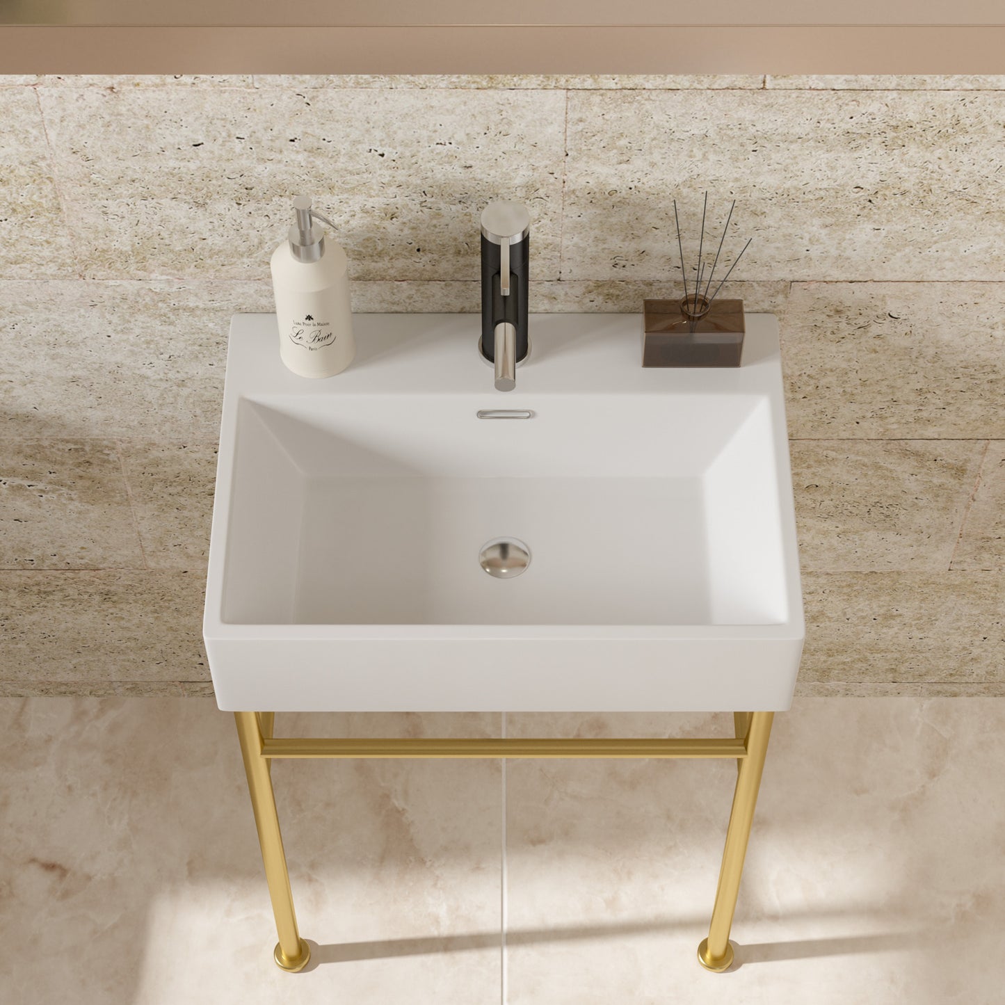 24" Bathroom Console Sink with Overflow,Ceramic Console Sink White Basin Gold Legs