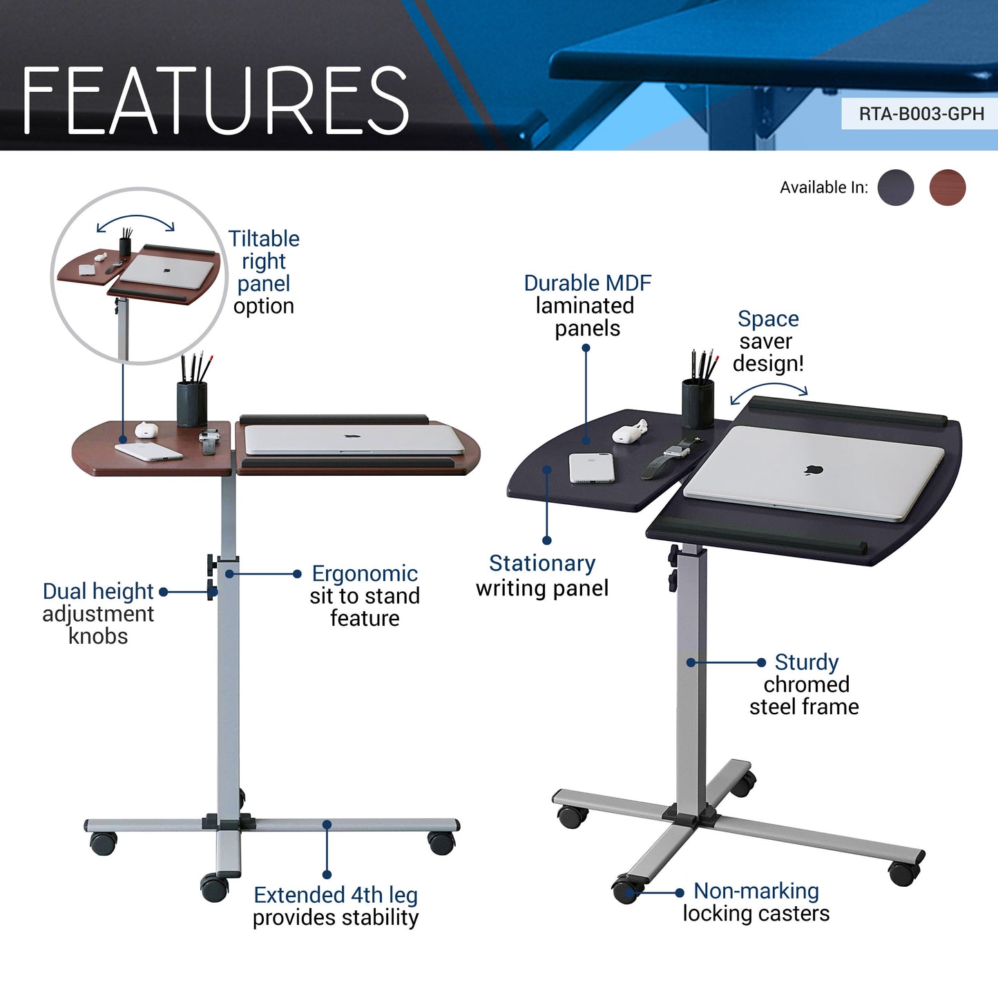 Adjustable Rolling Laptop Workstation with Graphite Finish