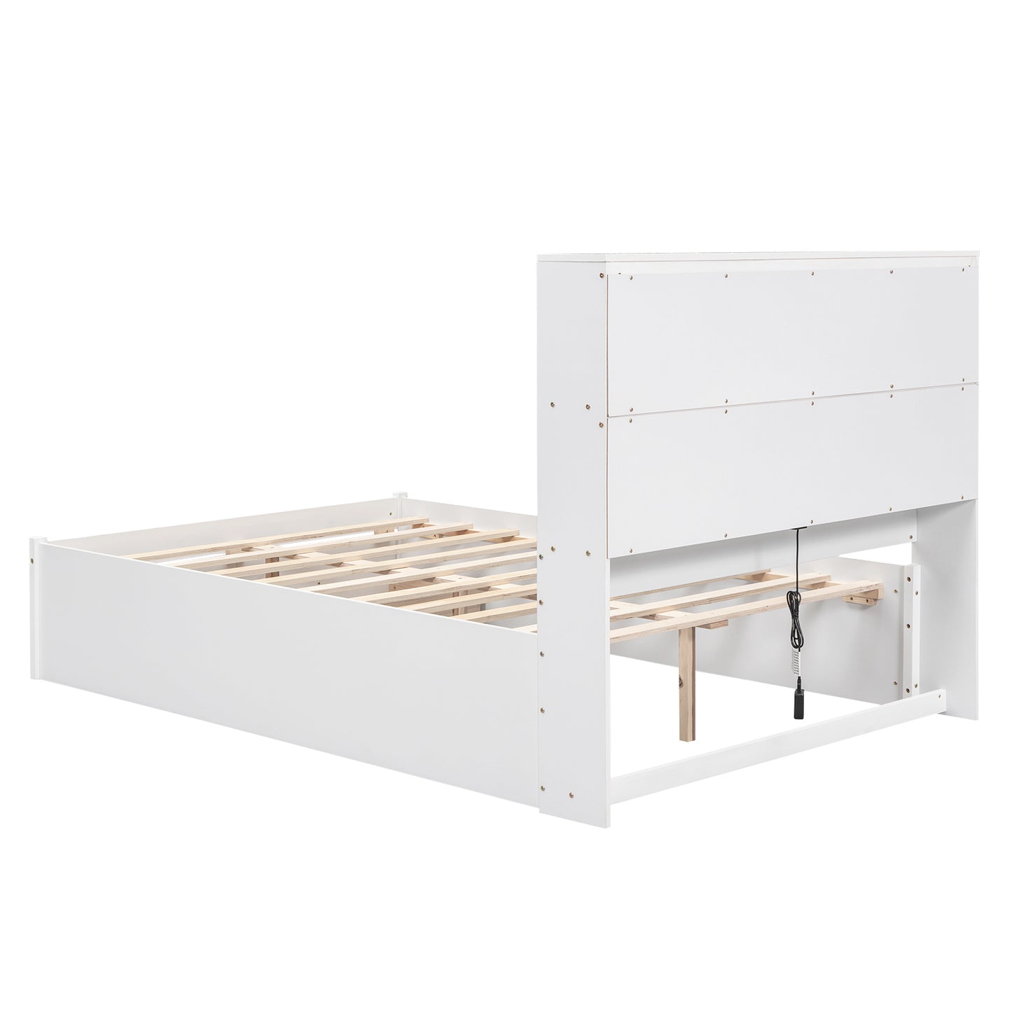 Full Size Platform Bed with Storage Headboard, Charging Station and 2 Drawers, White