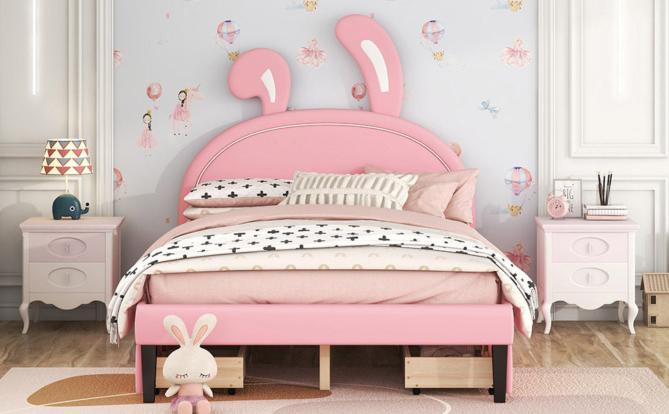 Full Size Upholstered Leather Platform Bed with Rabbit Ornament and 4 Drawers, Pink