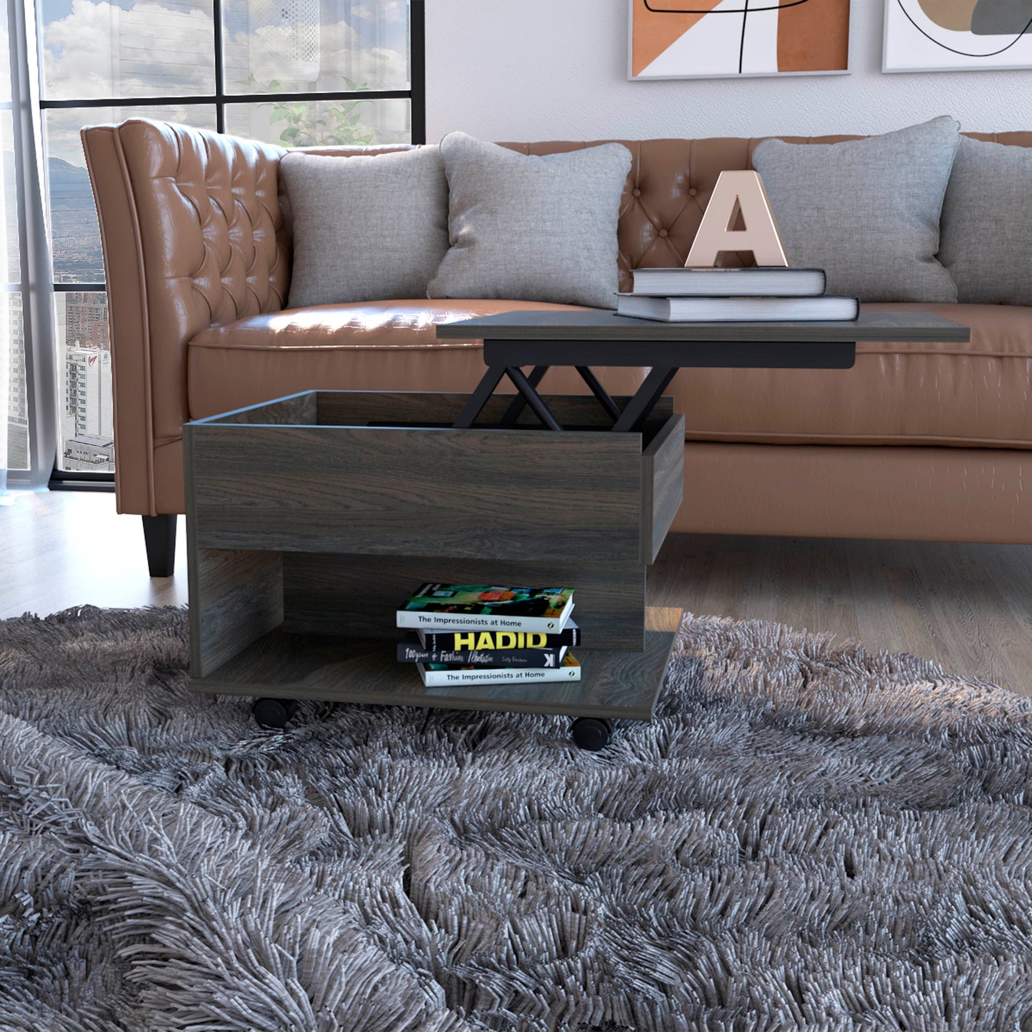 Mercuri Lift Top Coffee Table with Storage, Casters, Carbon Espresso Finish