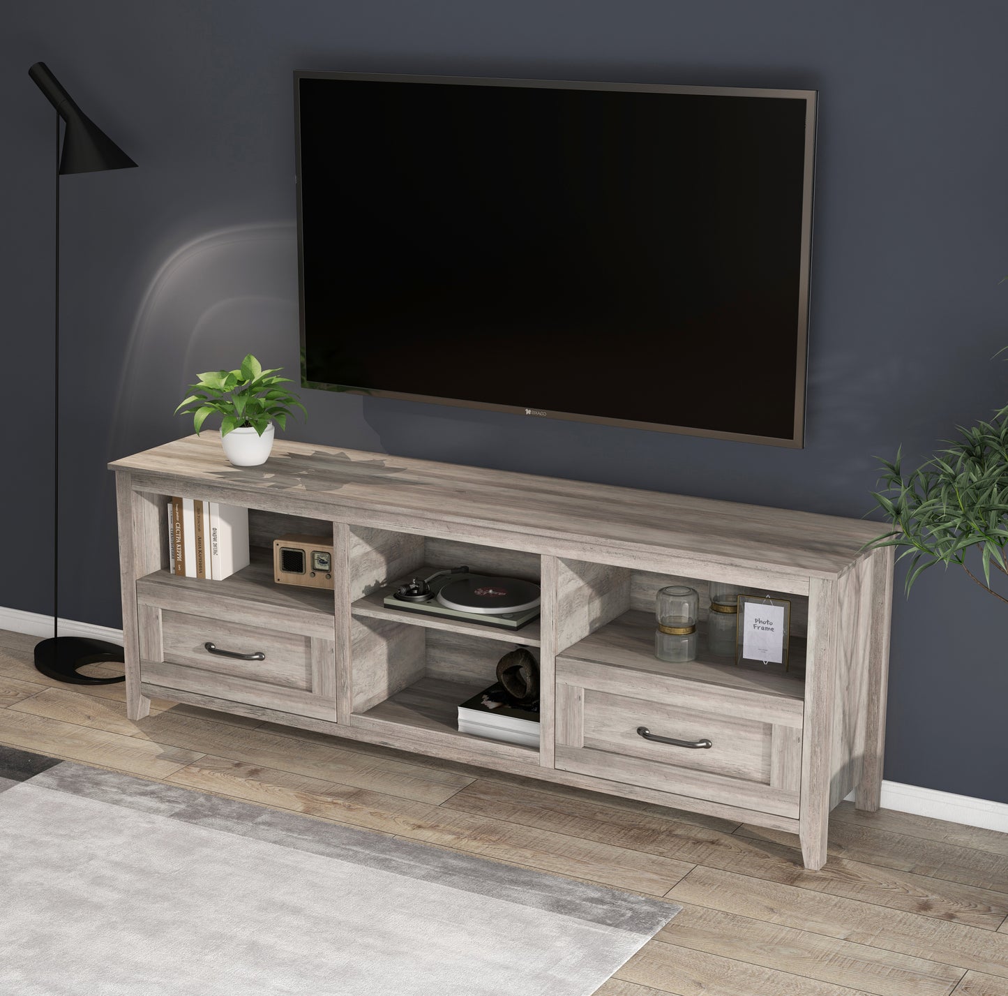 Sleek 70.08 Inch TV Stand with 2 Drawers and 4 Storage Compartments in Grey Walnut