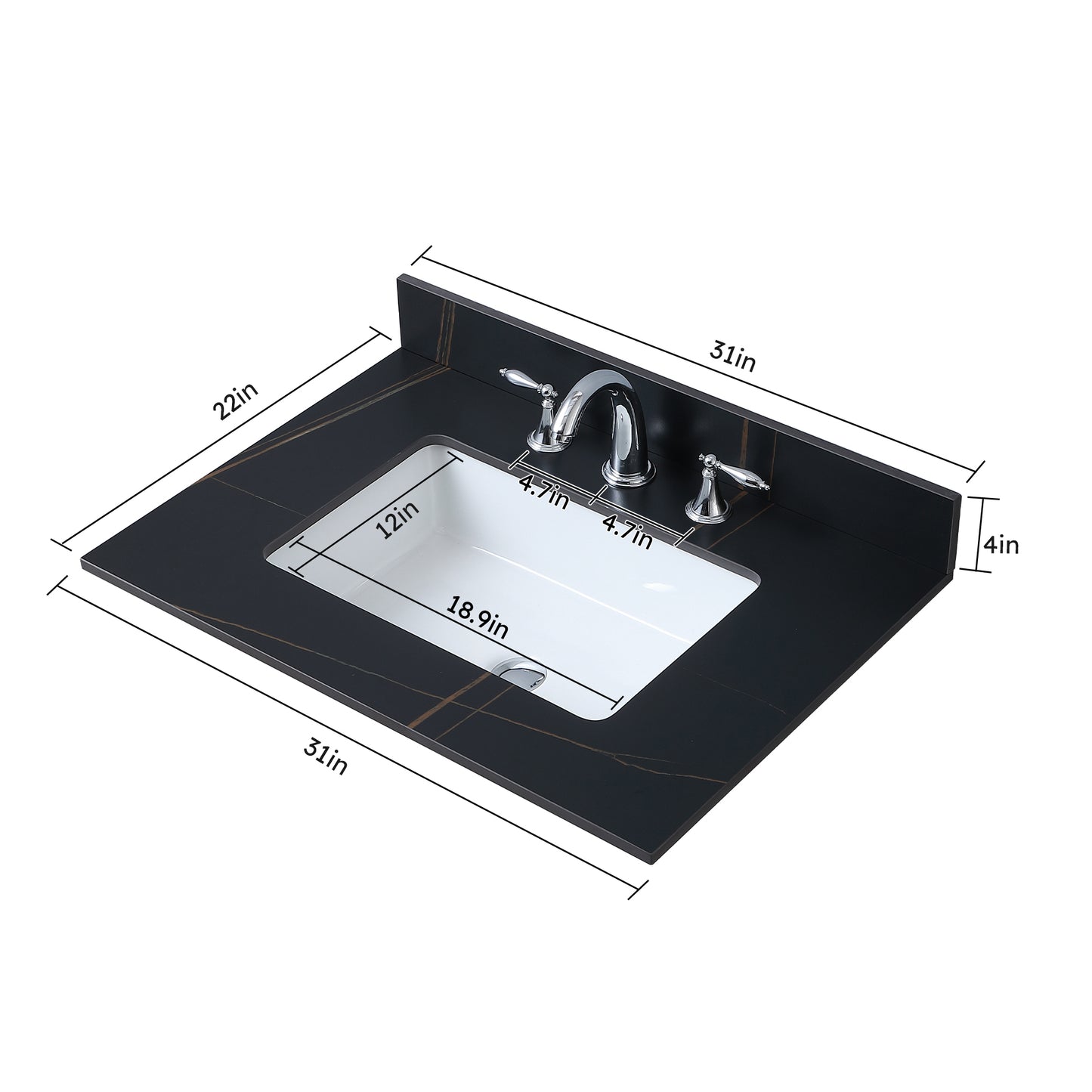 Montary 31inch  sintered stone  bathroom vanity top  black gold color with undermount ceramic sink and three faucet hole with backsplash