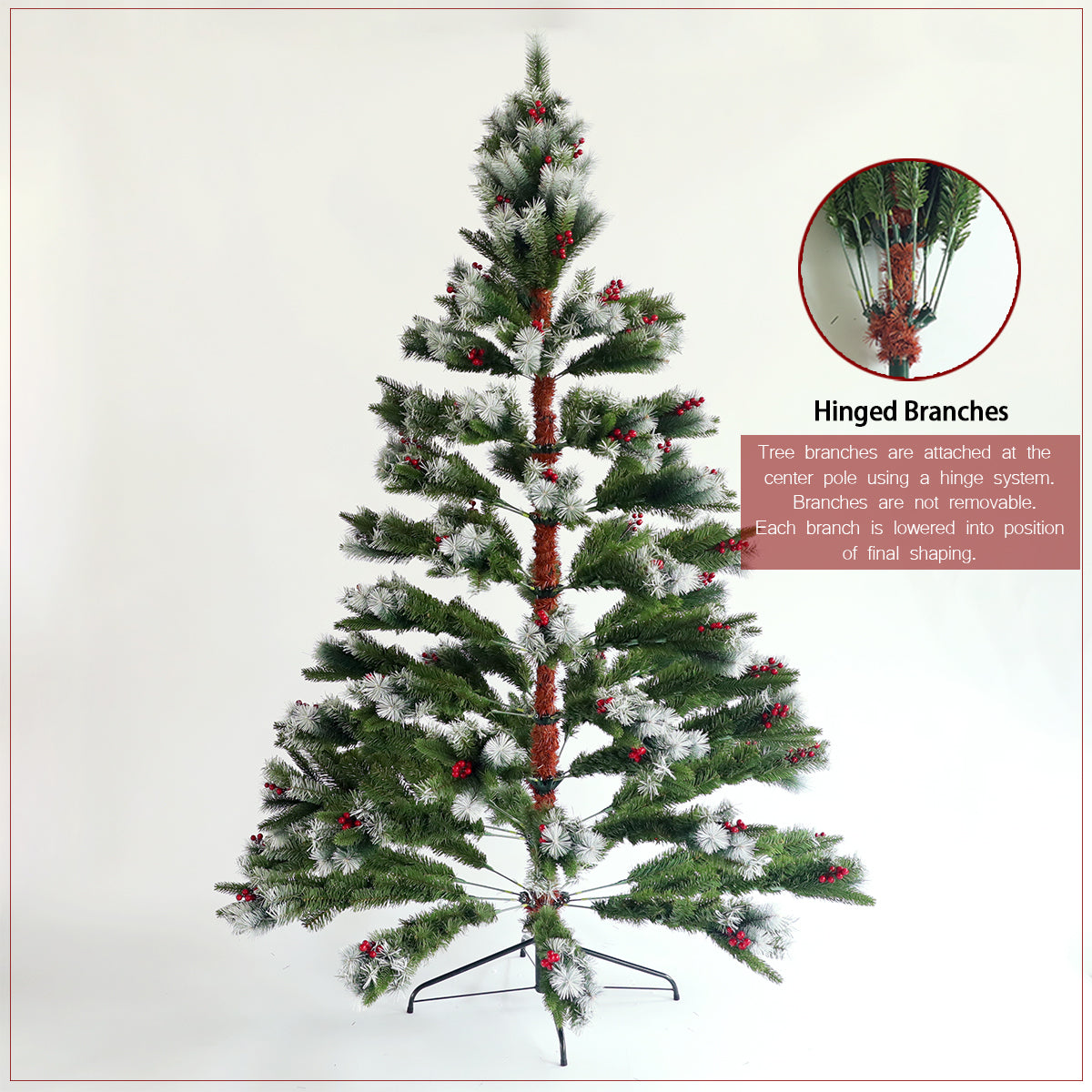 7.5ft Artificial Flocked Pine Needle Christmas Tree with Cones and Red Berries