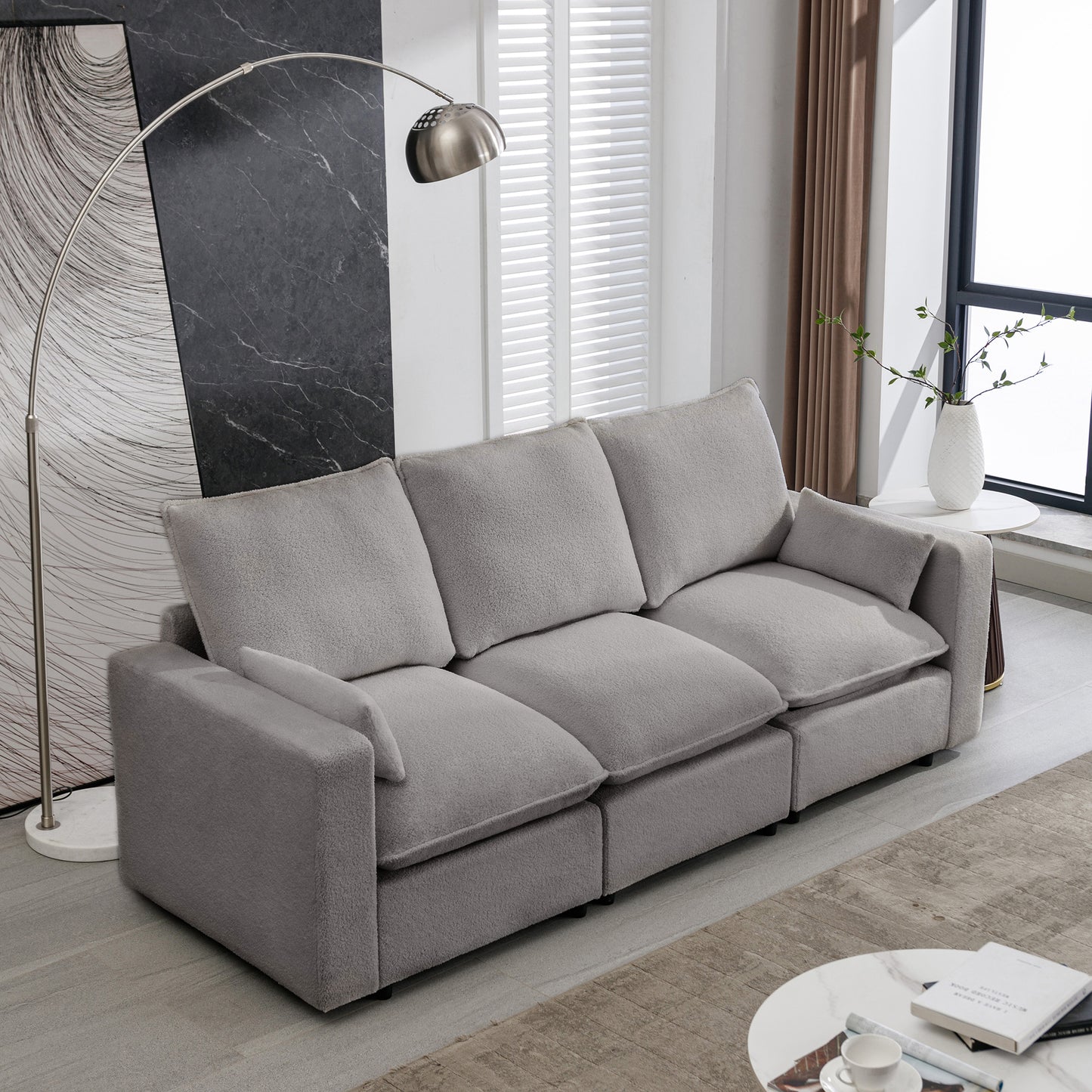 U_STYLE 3 Seat Sofa with Removable Back and Seat Cushions and 2 pillows,Teddy Fabric Couch for Living Room, Office, Apartment