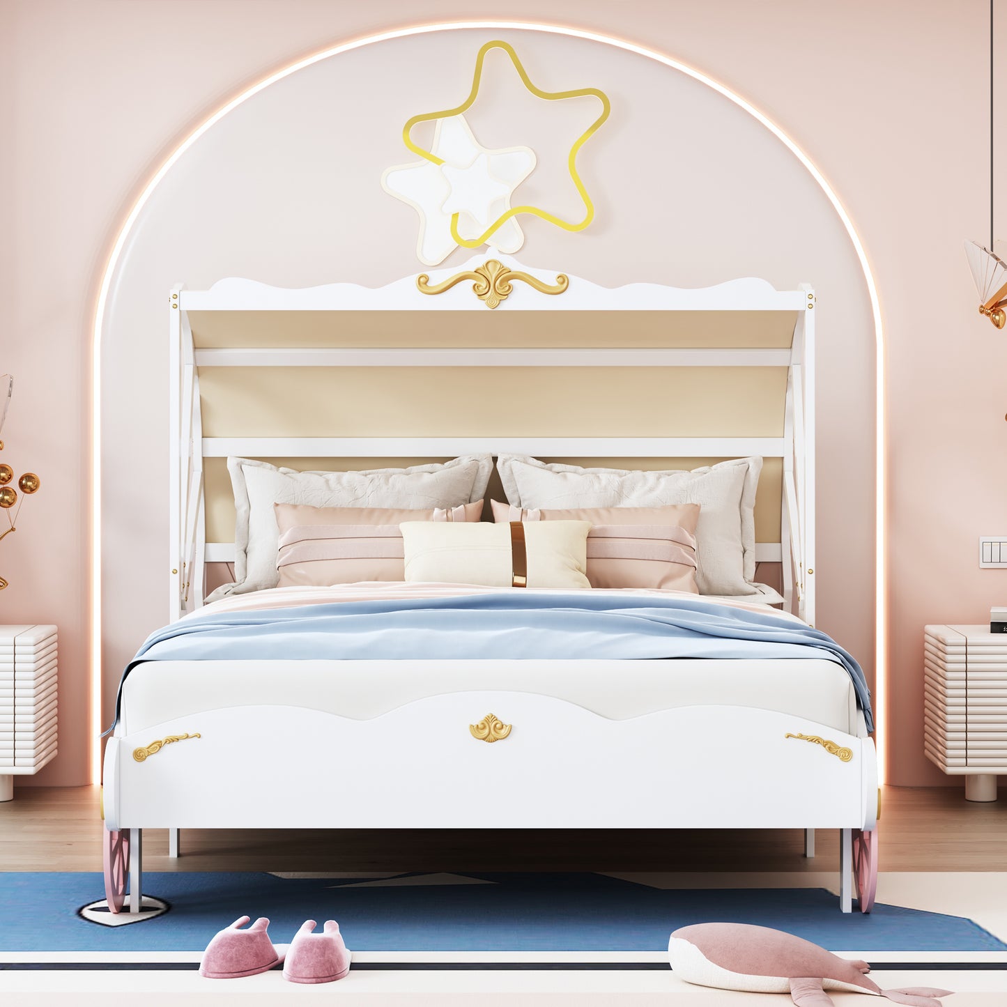 Full Size Princess Carriage Bed with Canopy, Wood Platform Car Bed with 3D Carving Pattern, White+Pink+Gold