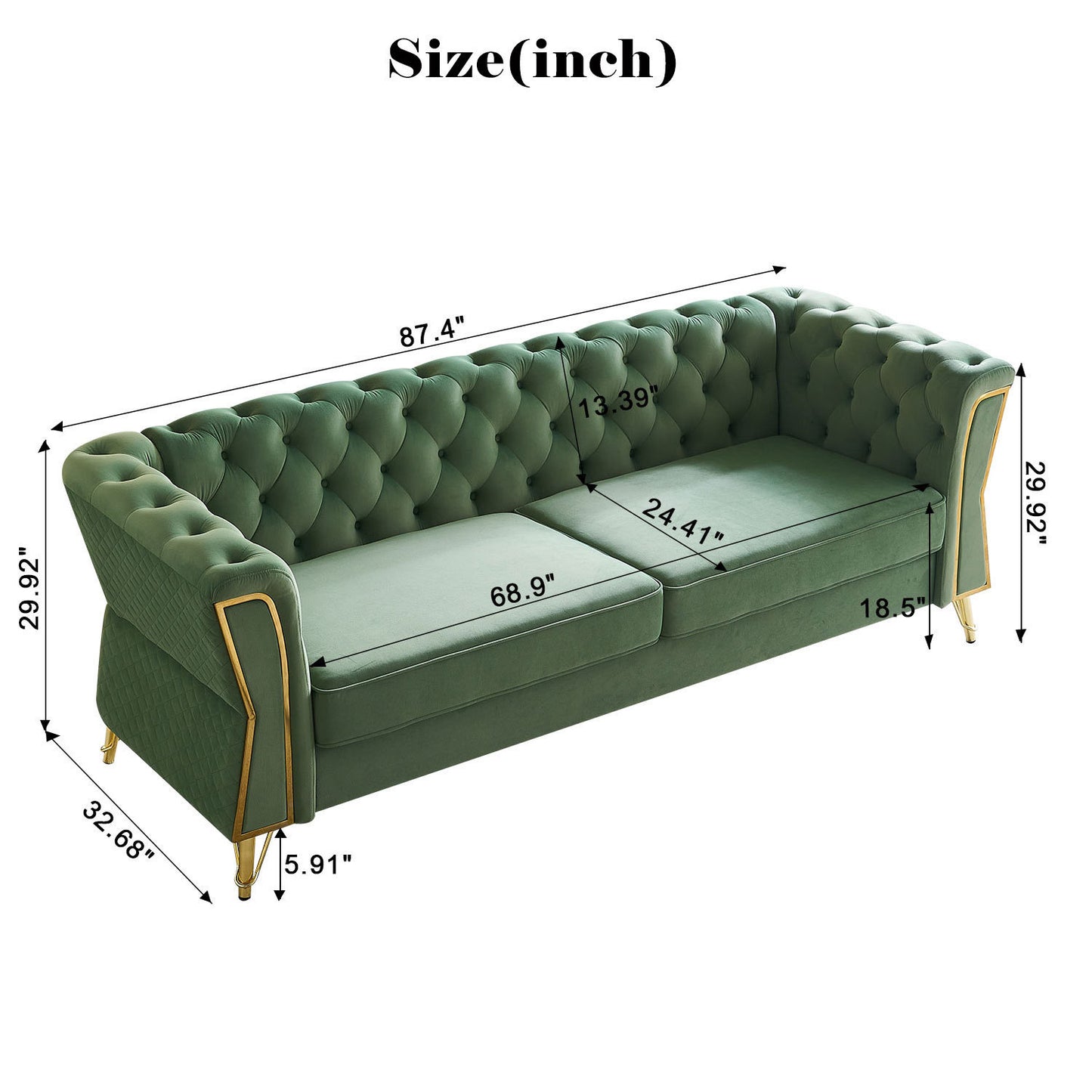 Modern Tufted Velvet Sofa 87.4 inch for Living Room Mint Green Color