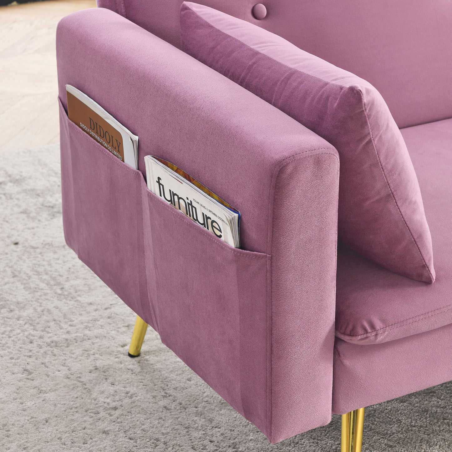 72.5 Pink Velvet Convertible Sofa Bed with Adjustable Backrest