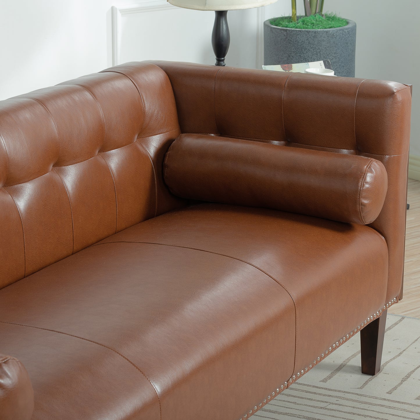 78.74 Brown Leather 3-Seater Sofa with Round Pillows