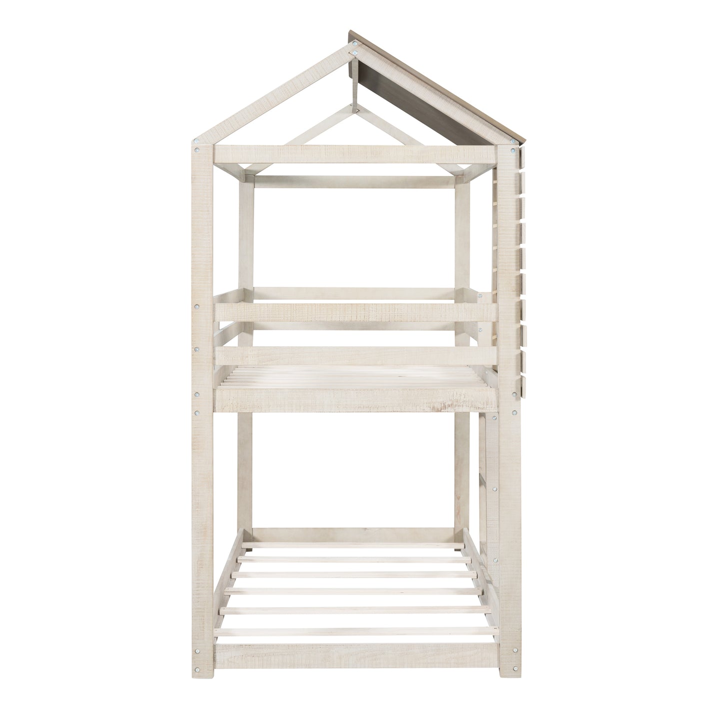 Roofed Wooden Playhouse-Inspired Twin Over Twin Bunk Bed with Window and Guardrail (Antique White)