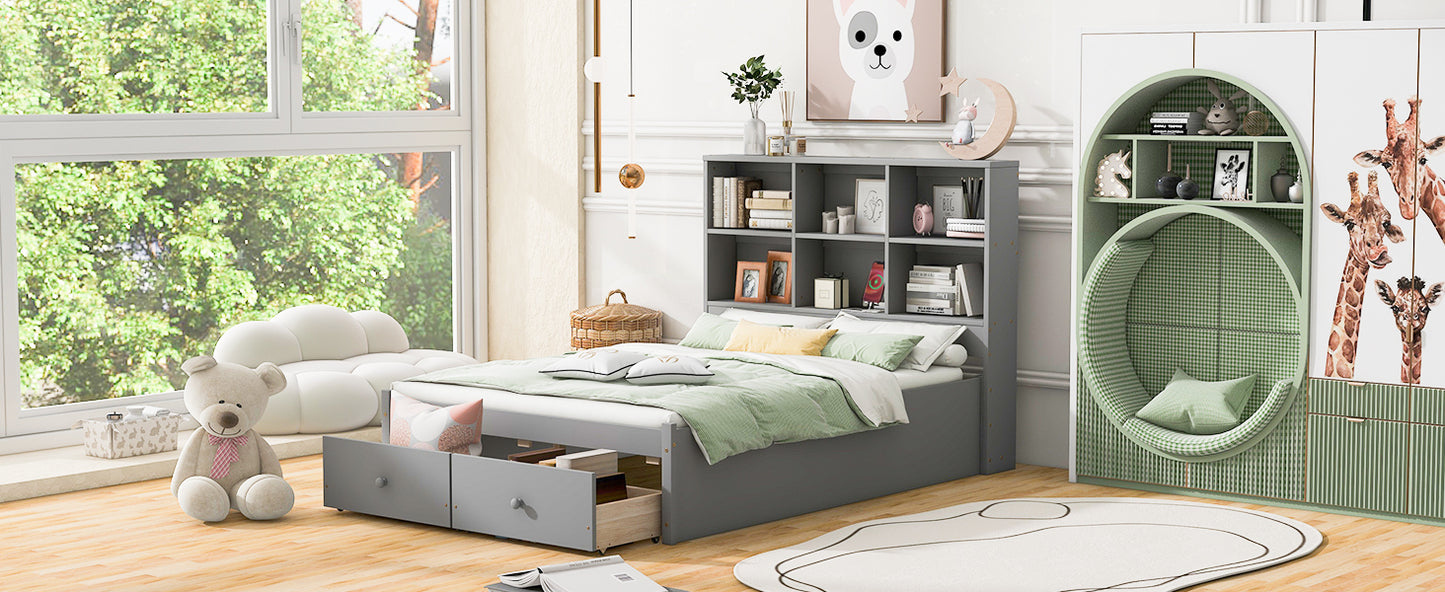 Full Size Platform Bed with Storage Headboard, Charging Station and 2 Drawers, Gray