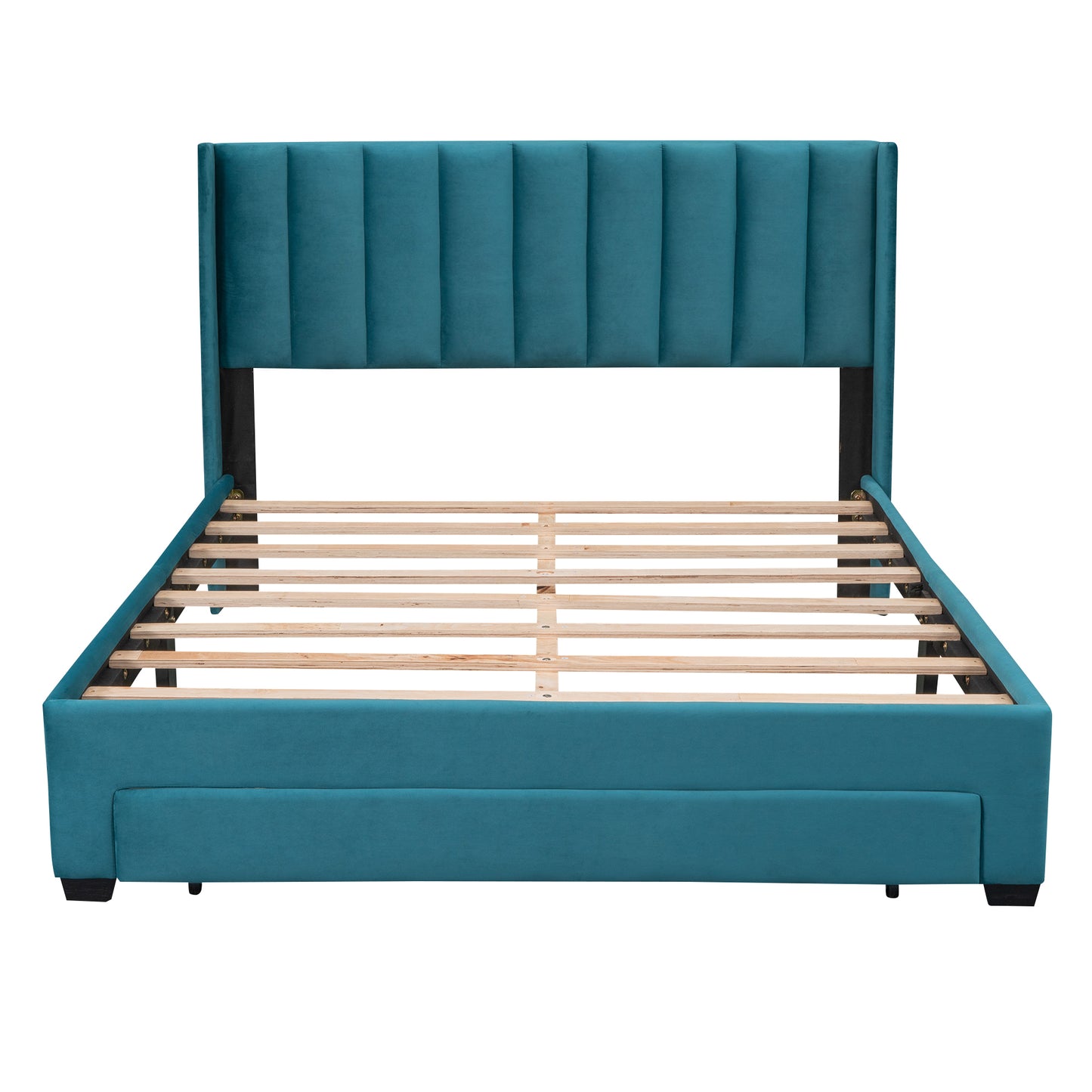 Queen Size Storage Bed Velvet Upholstered Platform Bed with a Big Drawer - Blue