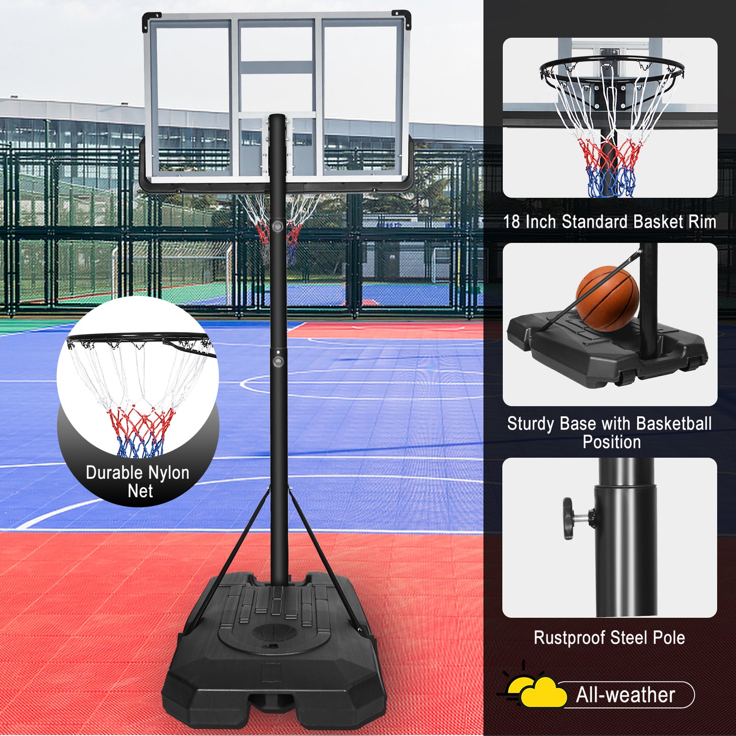 Portable Basketball Hoop Backboard System Stand Height Adjustable 6.6ft - 10ft with 44 Inch Backboard and Wheels for Adults Teens Outdoor Indoor Basketball Goal Game Play Set