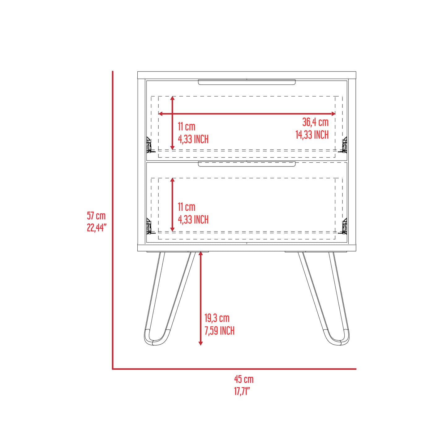 Augusta 2 Nightstand, Four Legs, Two Drawers -White