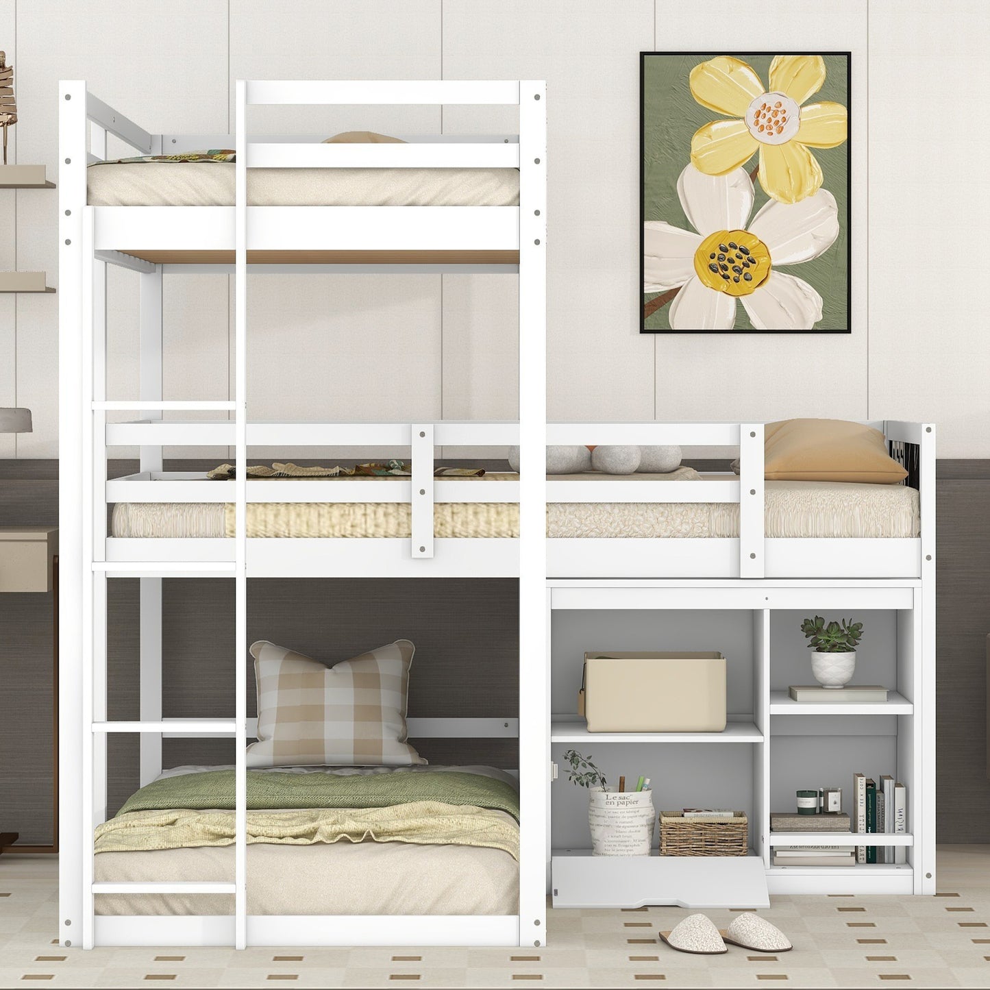 L-Shaped Triple Bunk Bed with Storage Cabinet, Blackboard, and White Finish - Innovative Space-Saving Solution