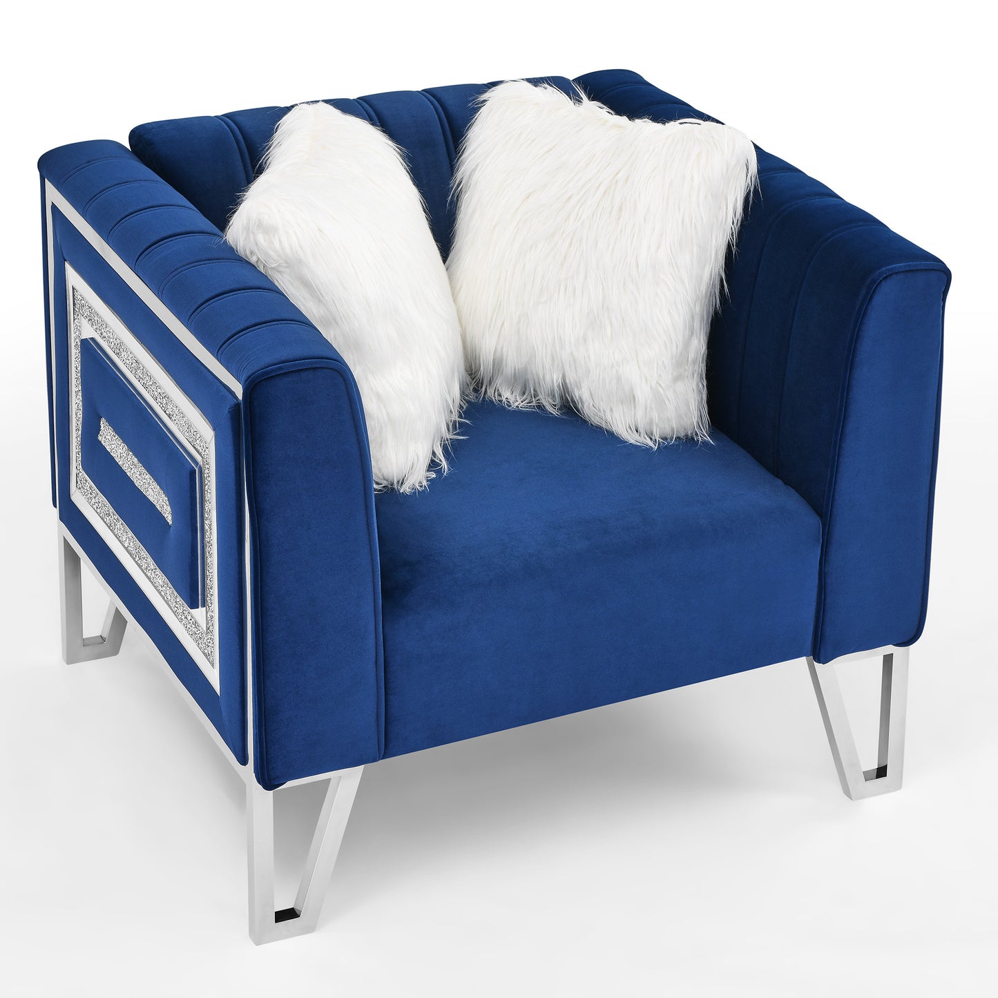 Sofa Chair with Mirrored Side Trim with Faux Diamonds and Stainless Steel Legs, Six White Villose Pillow, Blue (36.5"Lx32.75"Wx29.5"H)