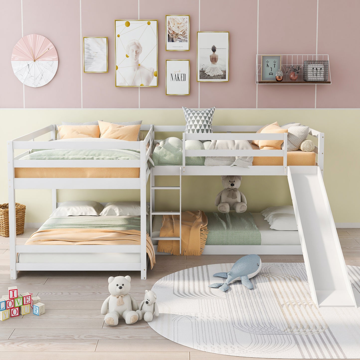 Elegant White L-Shaped Bunk Bed with Slide and Twin/Twin Configuration