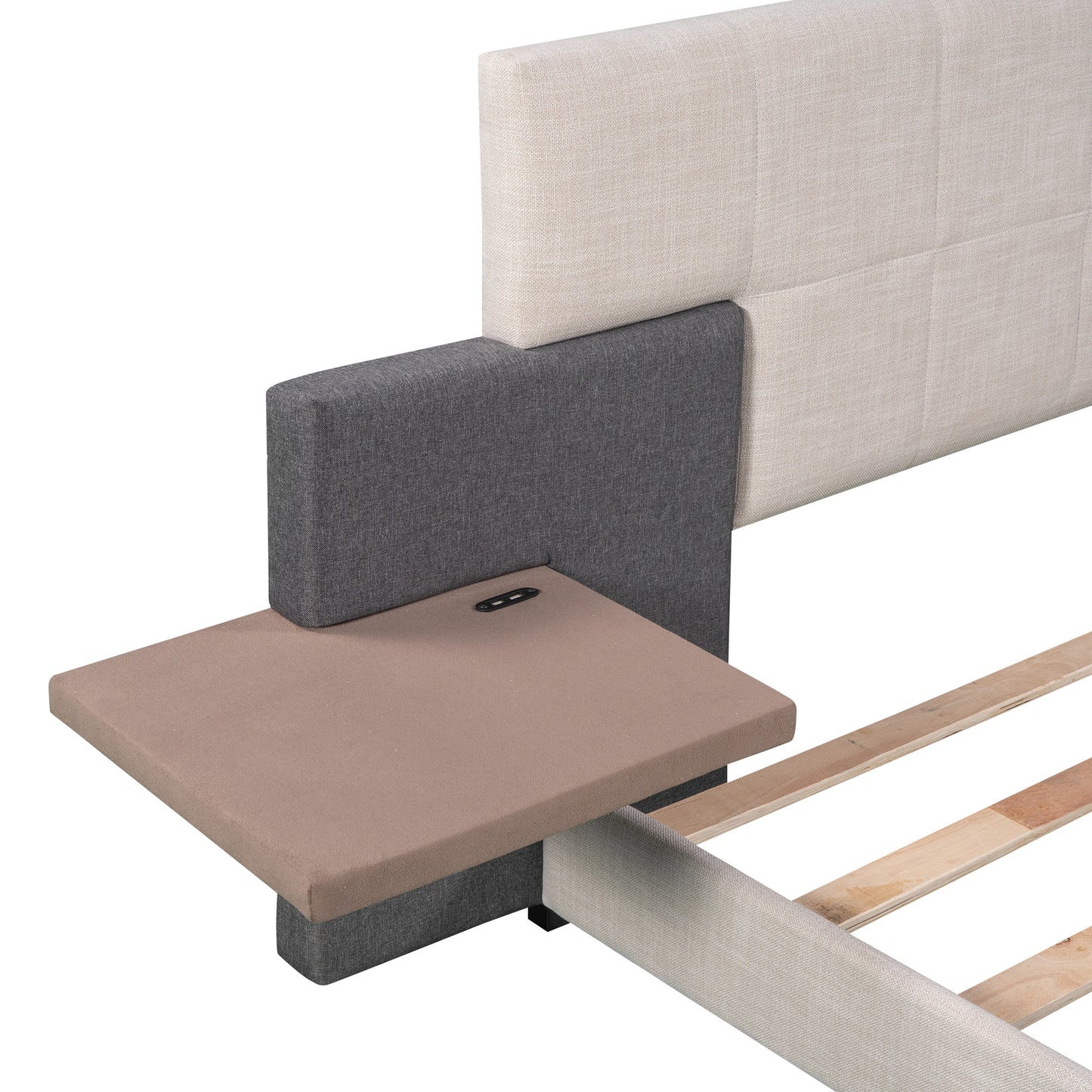 Queen Size Upholstered Platform Bed with Bedside Shelves and USB Charging Design, Beige+Gray