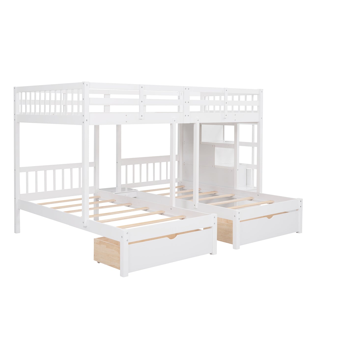 Three-Level Wooden Bunk Bed with Drawers, Full Over Twin & Twin Bunk Bed with Guardrails (White)