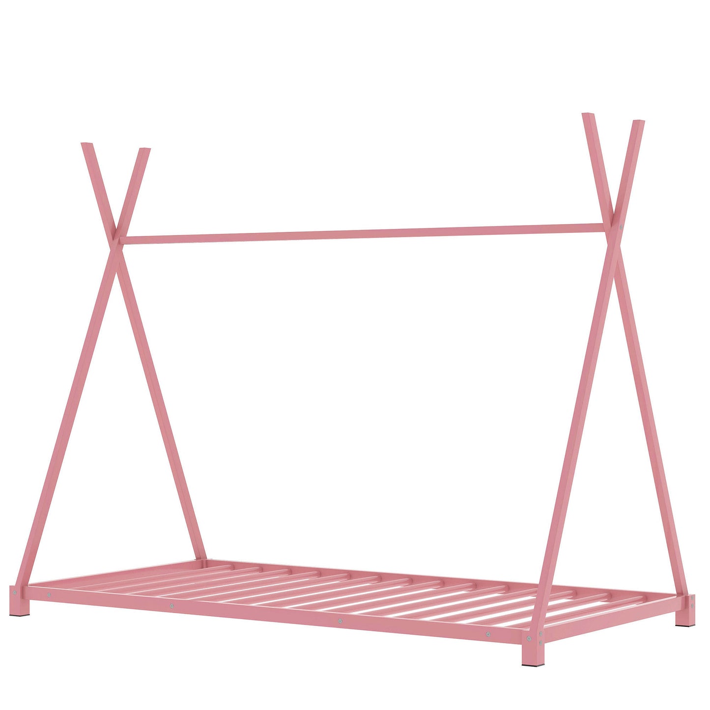 Metal Twin Size House Platform Bed with Triangle Structure, Pink