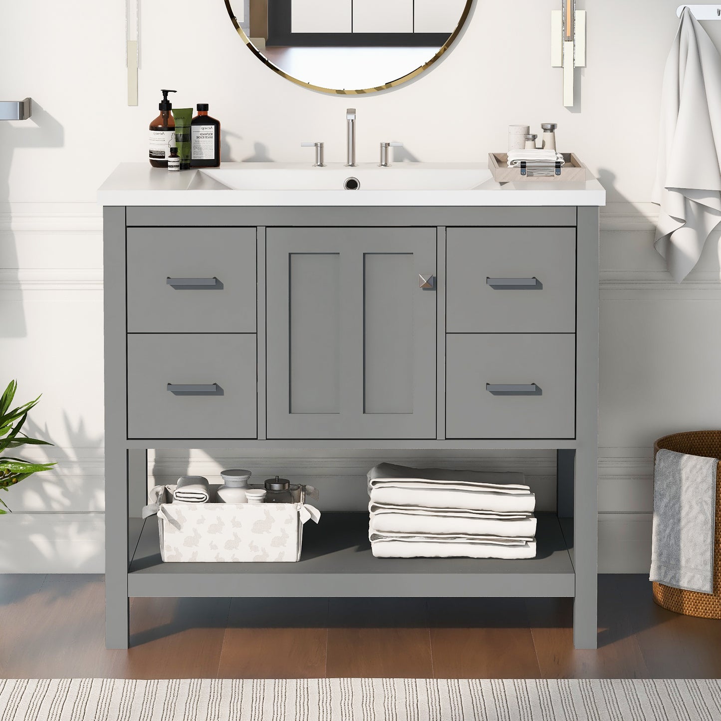 36" Gray Modern Bathroom Vanity with USB,Two Shallow Drawers, One Deep Drawer,One door,Single Resin Sink,Small Bathroom Organization Cabinet