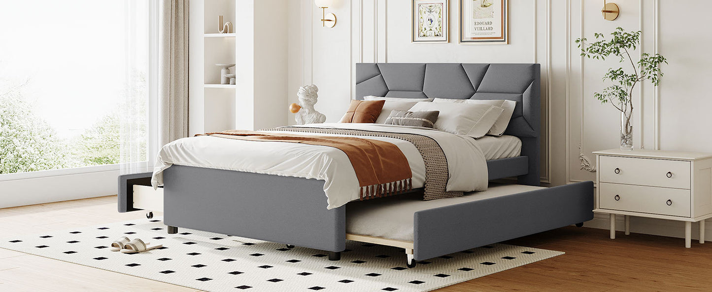 Full Size Upholstered Platform Bed with Brick Pattern Headboard, with Twin Size Trundle and 2 Drawers, Linen Fabric, Gray