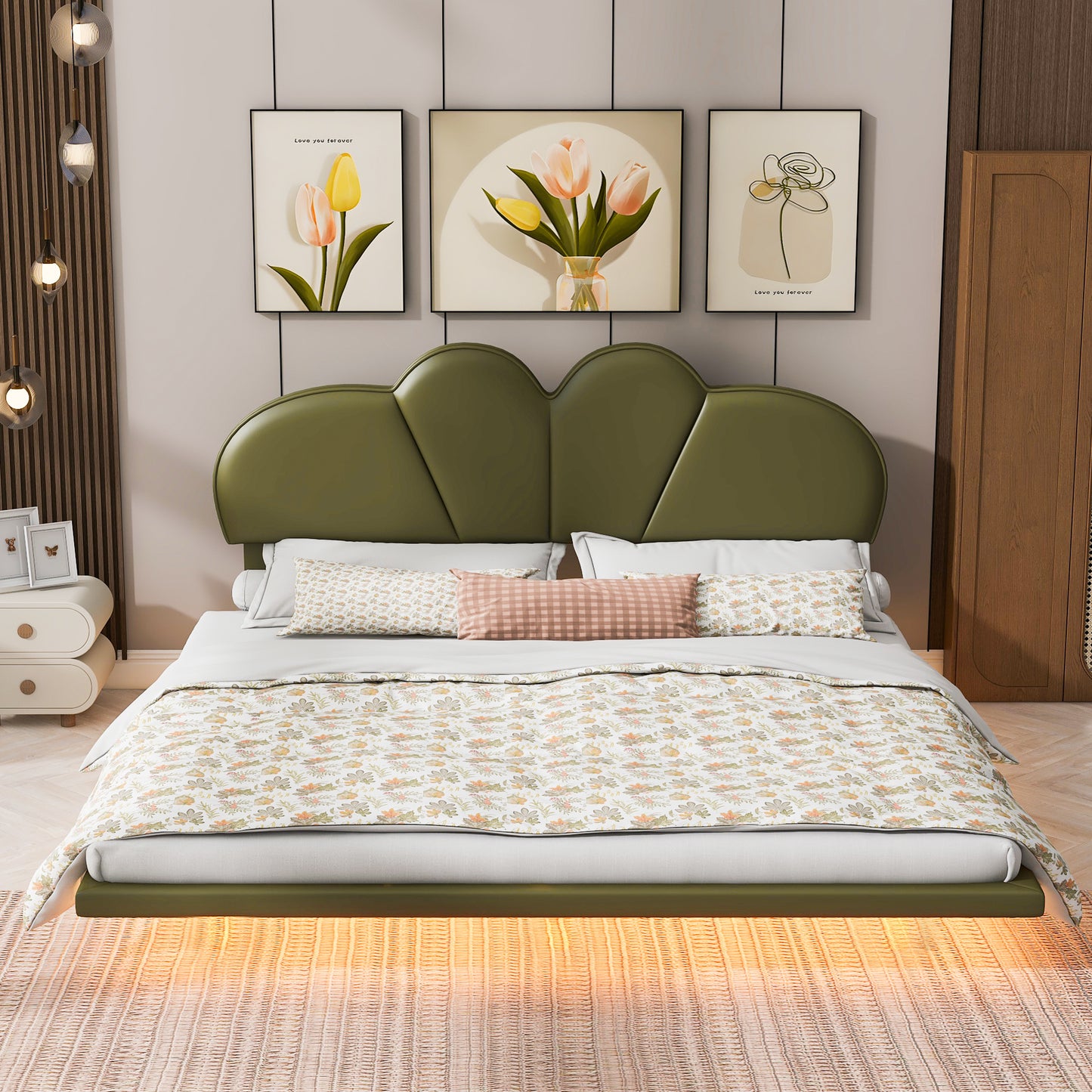 Queen Size Upholstery LED Floating Bed with PU Leather Headboard and Support Legs,Green