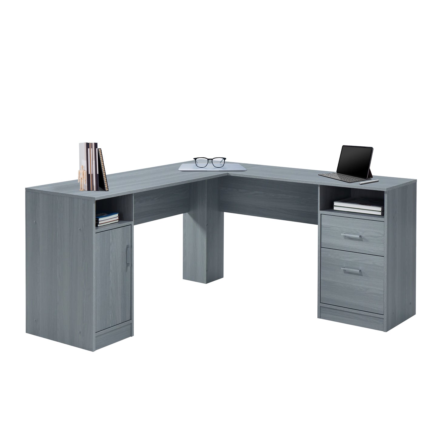 Functional Grey L-Shaped Desk with Storage