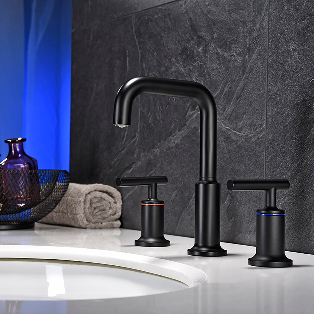 Modern Matte Black Widespread Bathroom Sink Faucet with CUPC Water Supply Hose and Cartridge